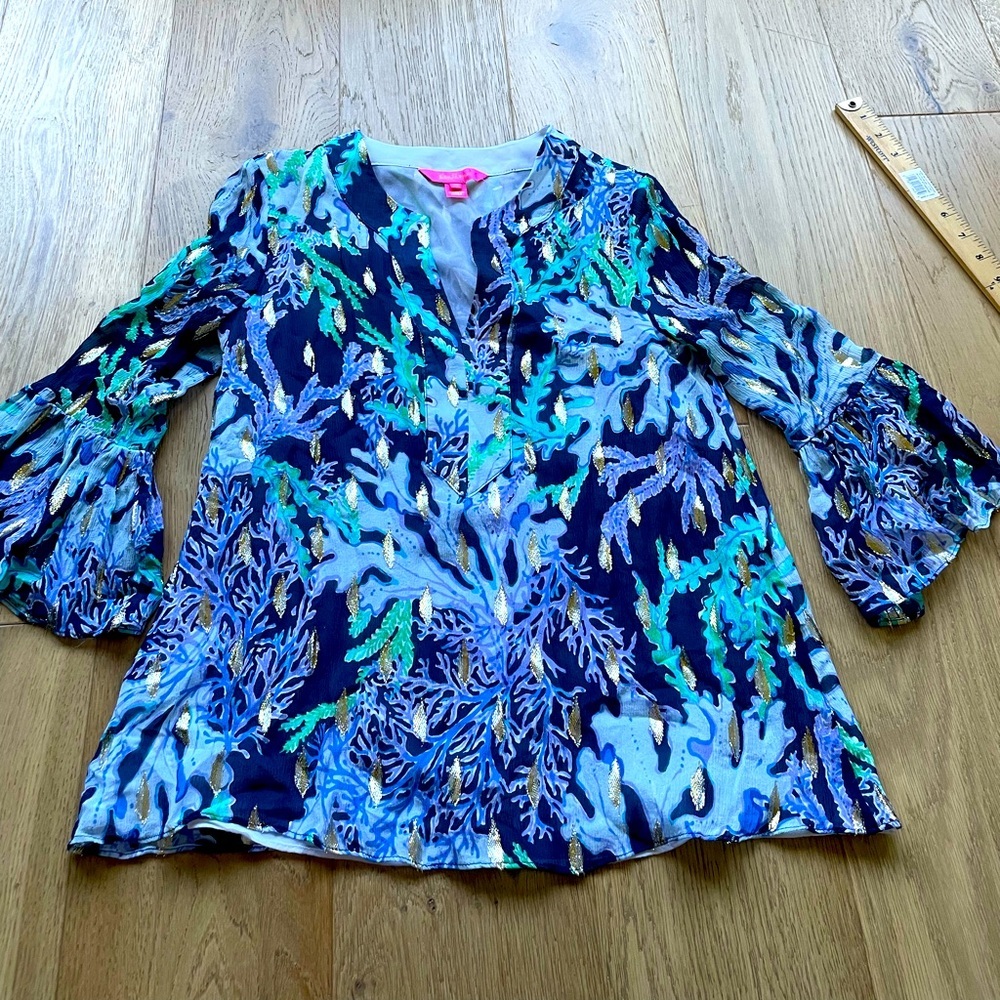 Lilly Pulitzer Navy Teal Blue Coral Print Bell Sleeve Blouse